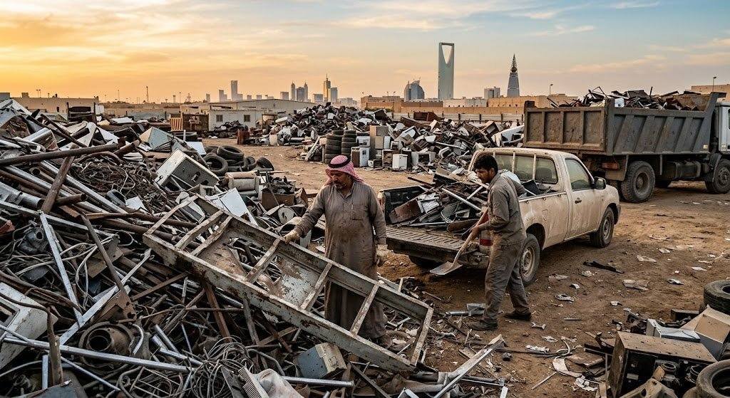 فريق عمل محترف يقوم بجمع وفرز السكراب والمعادن الخردة بدقة وأمان ضمن خدمات شراء سكراب سلوى بالكويت لضمان بيئة نظيفة وإعادة تدوير فعالة.