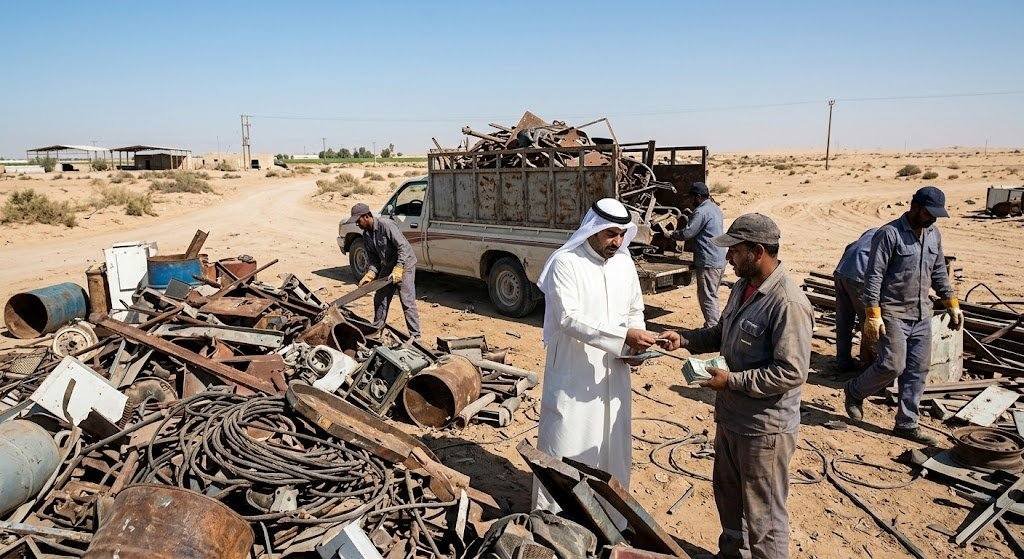 فريق عمل محترف يقوم بفرز وتحميل السكراب والخردة بدقة وأمان باستخدام أحدث المعدات وسيارات النقل ضمن خدمات شراء سكراب الوفرة بالكويت لضمان التخلص الآمن منها وراحة العملاء.