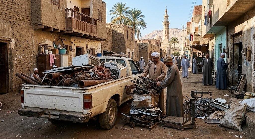 فريق عمل محترف يقوم بجمع وفرز السكراب والخردة والمعادن بدقة وأمان باستخدام أحدث المعدات وسيارات النقل ضمن خدمات شراء سكراب العدان بالكويت لضمان التخلص الآمن والسريع وراحة العملاء.