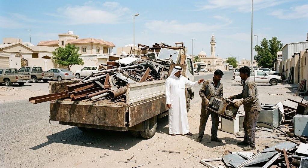 فريق عمل محترف يقوم بأعمال فحص وتصنيف وتحميل الخردة والسكراب بدقة وأمان باستخدام أحدث المعدات وسيارات النقل ضمن خدمات شراء خردة بالكويت لضمان سرعة الإنجاز وتقديم أفضل الأسعار وراحة العملاء.